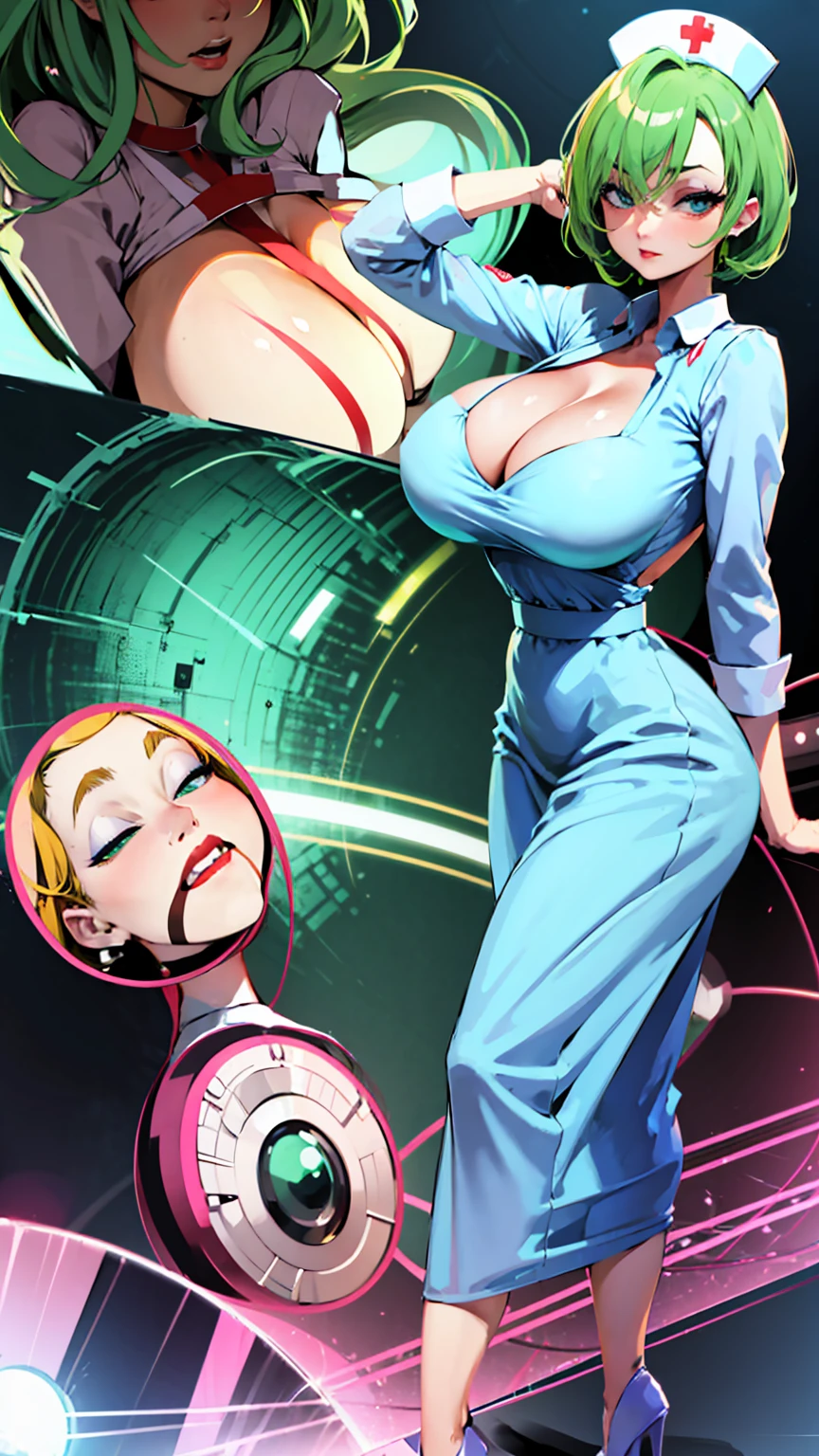 nurse outfit, large breast, big breast, cleavage, short green hair, blue eyes