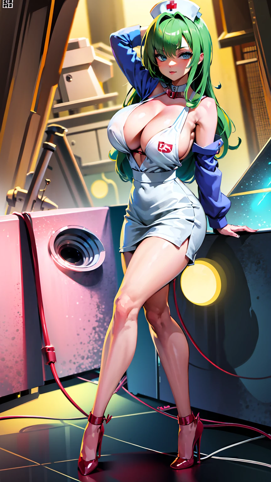 nurse outfit, large breast, big breast, cleavage, short green hair, blue eyes