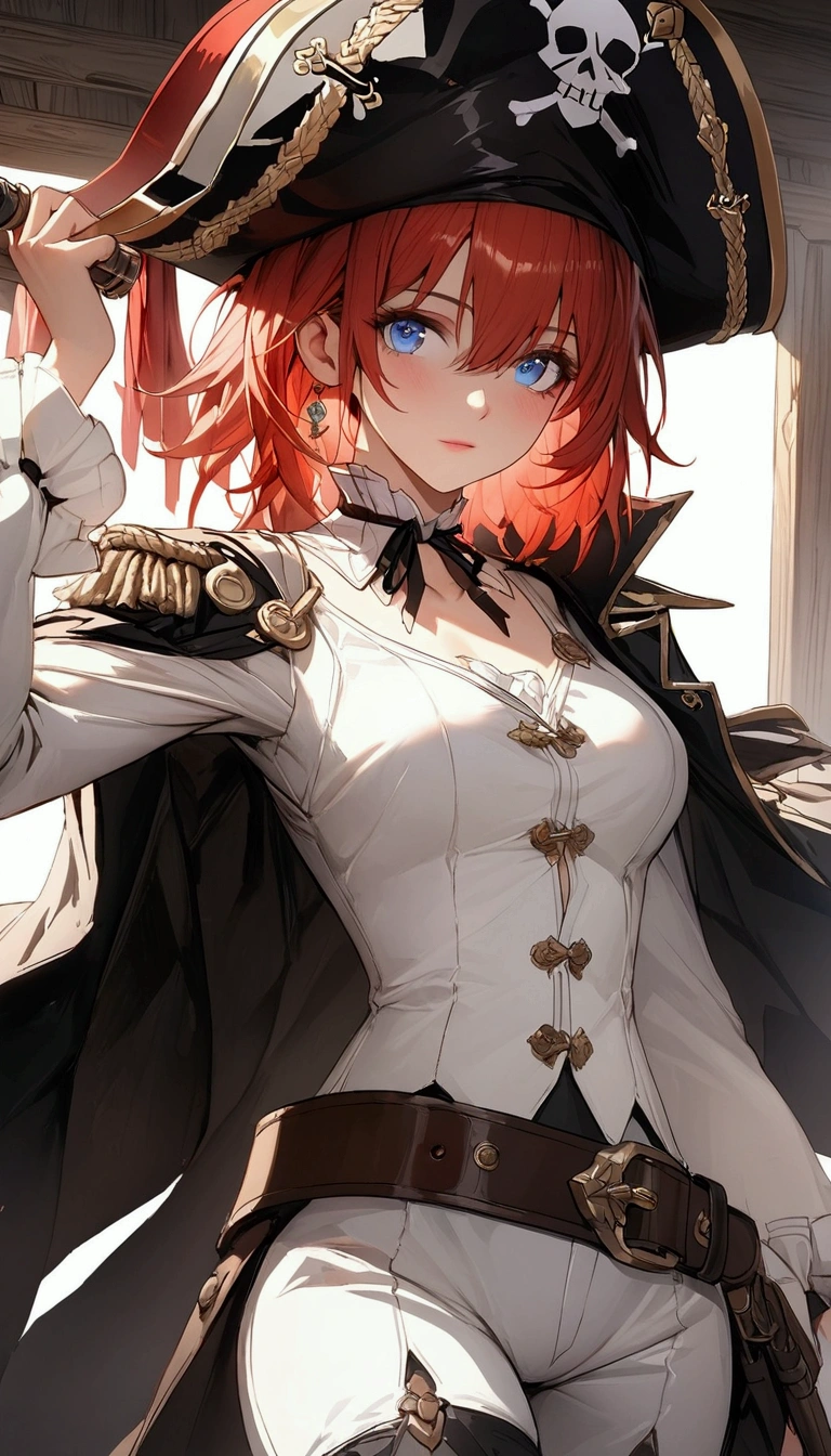 (Masterpiece. The best quality. 8K. Sharp focus. Depth of field, The best shadows. Perfect lighting. HDR. Realistic skin texture. Ultra-detailed background. Detailing, white wallpaper, pgn format). Anime style. Honkai: Star Rail. March 7. 1 girl. Fiery red hair, short hair. Azure blue eyes, beautiful eyes, beautiful eyes, expressive eyes. Beautiful nose, perfect facial features. Perfect anatomical body, slender figure, second size breasts, beautiful breasts, thin waist, rounded hips, beautiful long legs. Pirate hat, white blouse, pirate pants, Uniform cloak, shoulder straps with the Jolly Roger, knee-high boots, wide belt at the waist. Saber in the right hand. Musket in the left hand. Feet shoulder-width apart. Standing at full height. Concept art. Looking at the viewer. Full height. Full body.