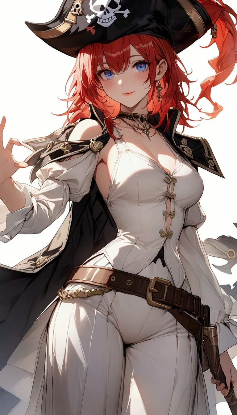 (Masterpiece. The best quality. 8K. Sharp focus. Depth of field, The best shadows. Perfect lighting. HDR. Realistic skin texture. Ultra-detailed background. Detailing, white wallpaper, pgn format). Anime style. Honkai: Star Rail. March 7. 1 girl. Fiery red hair, short hair. Azure blue eyes, beautiful eyes, beautiful eyes, expressive eyes. Beautiful nose, perfect facial features. Perfect anatomical body, slender figure, second size breasts, beautiful breasts, thin waist, rounded hips, beautiful long legs. Pirate hat, white blouse, pirate pants, Uniform cloak, shoulder straps with the Jolly Roger, knee-high boots, wide belt at the waist. Saber in the right hand. Musket in the left hand. Feet shoulder-width apart. Standing at full height. Concept art. Looking at the viewer. Full height. Full body.