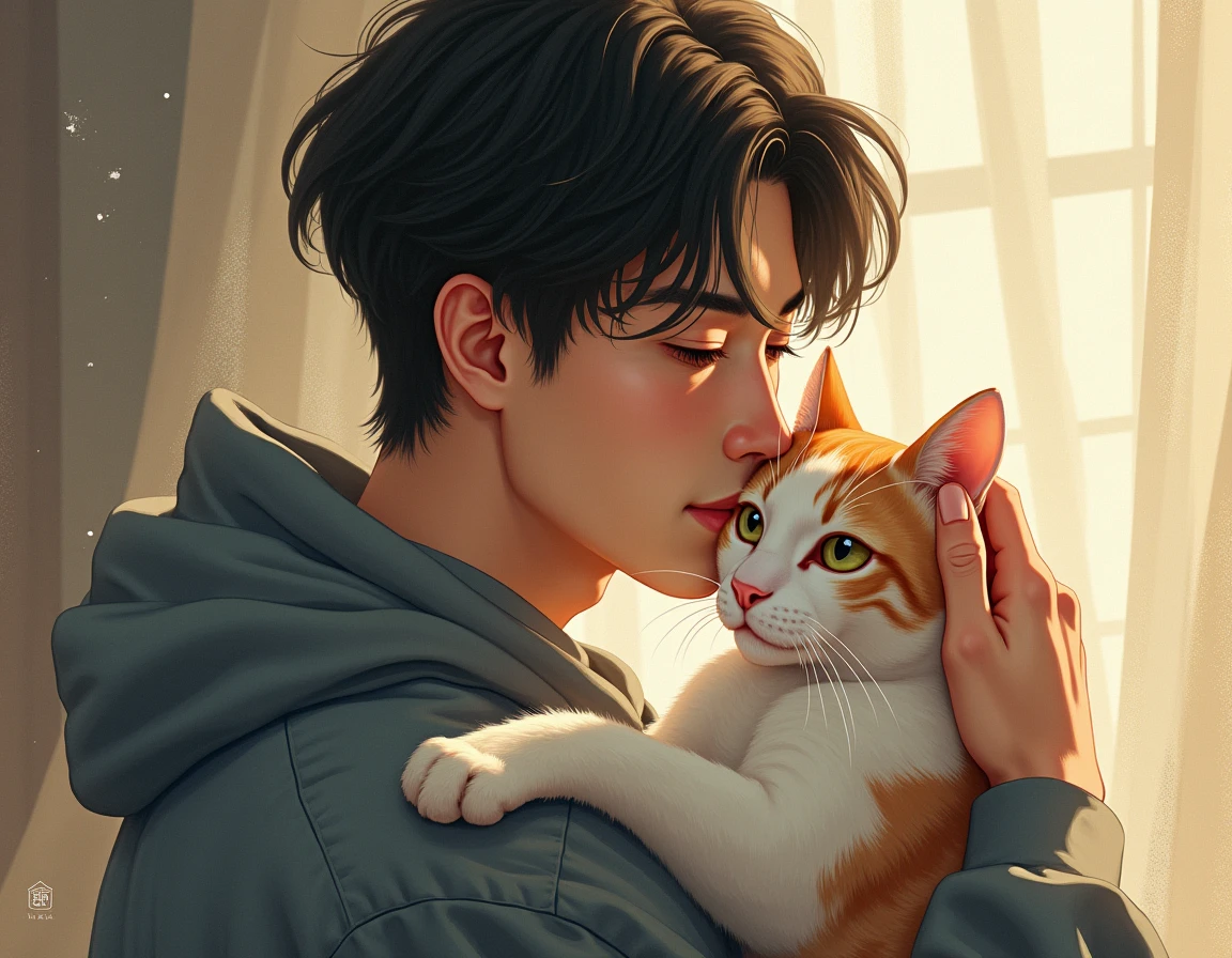 il y a un jeune homme qui tient un chat dans ses bras, inspiré par Kim Myeong-guk, inspiré par Jeonseok Lee, Guweiz, yanjun chengt, Jimin's Precise Face, hsiao-ron, cai xukun, jinyoung tibia, hyung tae, inspired by Gang Se-hwang, kim jung giu, inspired by Song Maojin