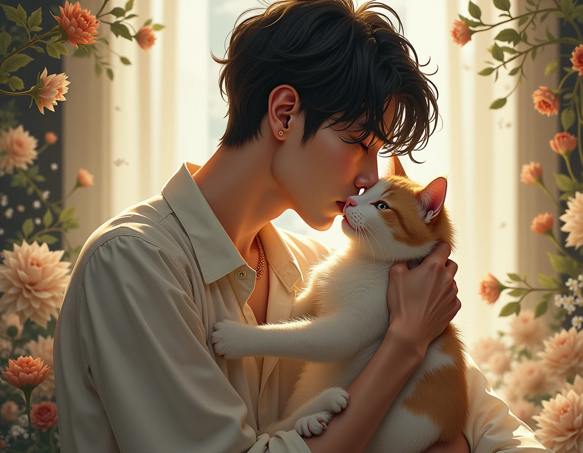 il y a un jeune homme qui tient un chat dans ses bras, inspiré par Kim Myeong-guk, inspiré par Jeonseok Lee, Guweiz, yanjun chengt, Jimin's Precise Face, hsiao-ron, cai xukun, jinyoung tibia, hyung tae, inspired by Gang Se-hwang, kim jung giu, inspired by Song Maojin