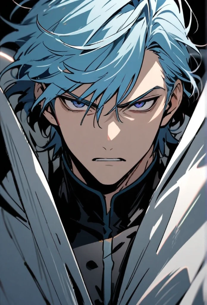 Handsome, solo, 1 male, light blue hair, dark blue eyes, 1 man, death stare