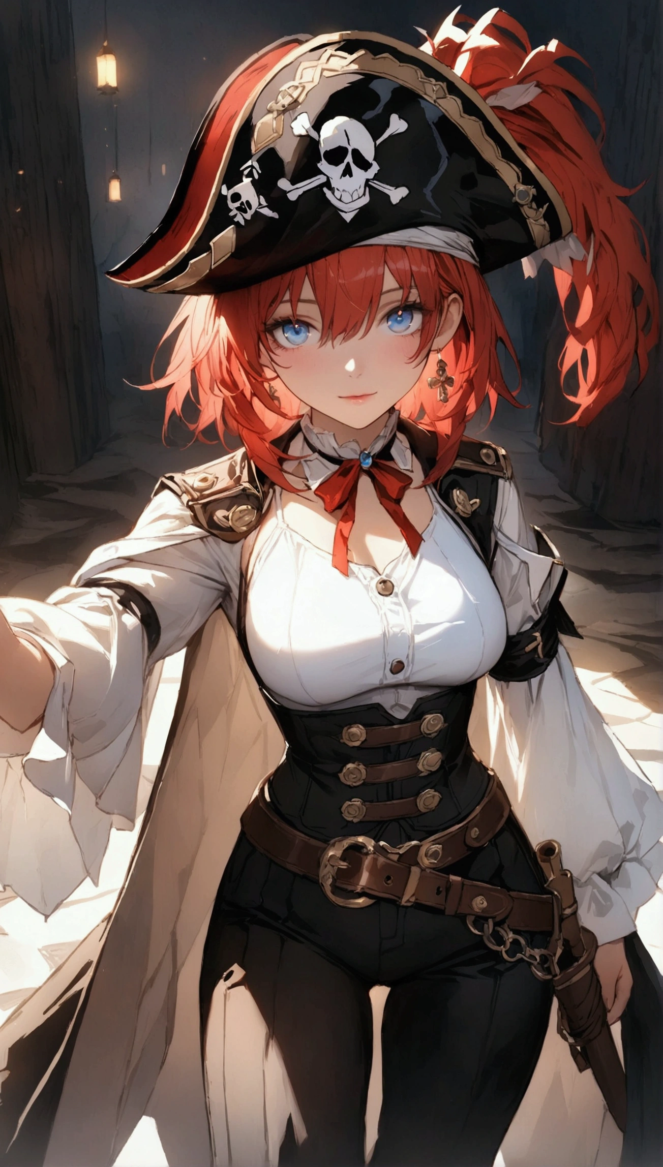 (Masterpiece. The best quality. 8K. Sharp focus. Depth of field, The best shadows. Perfect lighting. HDR. Realistic skin texture. Ultra-detailed background. Detailing, white wallpaper, pgn format). Anime style. Honkai: Star Rail. March 7. 1 girl. Fiery red hair, short hair. Azure blue eyes, beautiful eyes, beautiful eyes, expressive eyes. Beautiful nose, perfect facial features. Perfect anatomical body, slender figure, second size breasts, beautiful breasts, thin waist, rounded hips, beautiful long legs. Pirate hat, white blouse, pirate pants, Uniform cloak, shoulder straps with the Jolly Roger, knee-high boots, wide belt at the waist. Saber in the right hand. Musket in the left hand. Feet shoulder-width apart. Standing at full height. Concept art. Looking at the viewer. Full height. Full body.