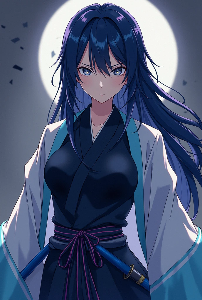 Kimetsu No Yaiba style anime woman with a medium size bust and wide waist.
Big gray eyes and long, straight navy blue hair.
with a uniform of the demon hunting guild, a katana with a blue handle and a white haori with light blue edges.
A defiant look on her face