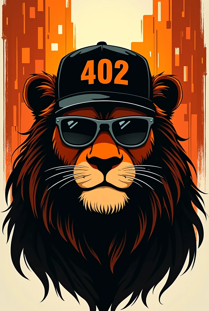 Silhouette of only the front face of a smiling lion illustrated with urban flow with dark square glasses and a backwards cap that transmits appetite with orange and black colors and on the cap put 402 showing only the silhouette of the face