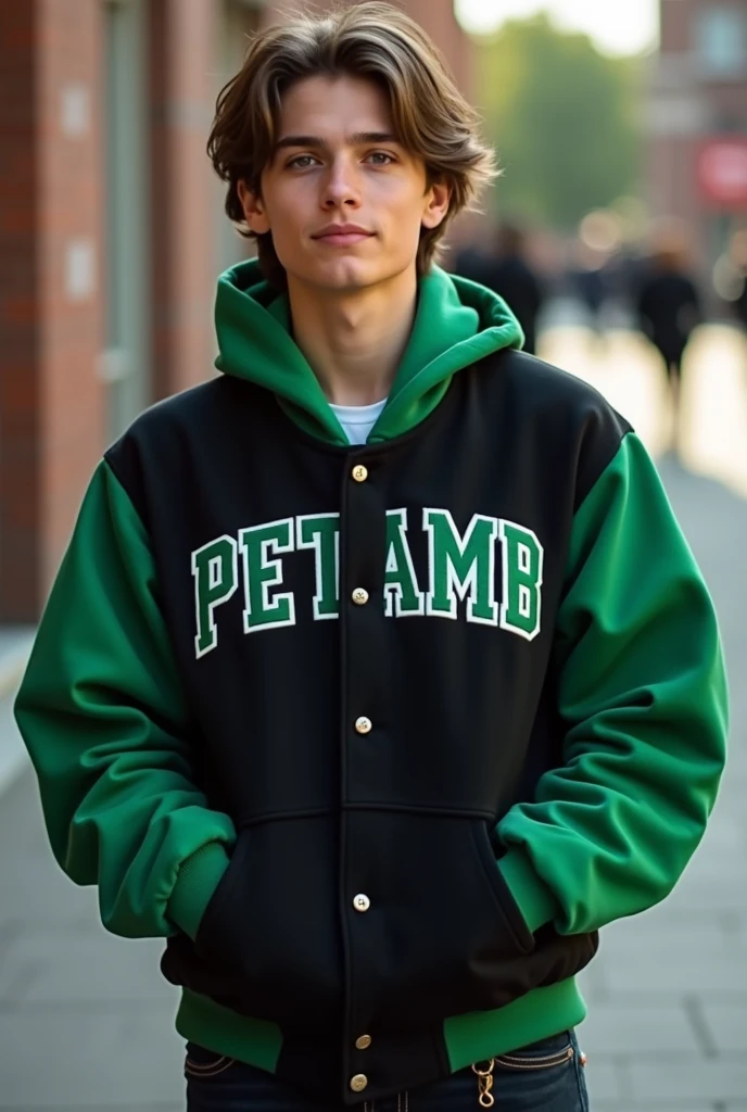 Jaqueta college e/or black sweatshirts with green sleeves, written PETAMB in green and/or white, being able to have more details