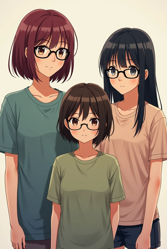Three teenage girls, one tall with shoulder-length wine-colored hair and glasses, another short with waist-length dark brown hair without glasses and another the same height as the second girl with shoulder-length black hair and glasses.