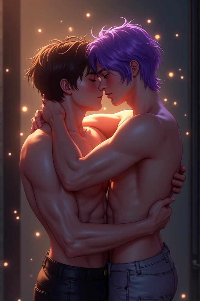 Brown-haired gay man having sex with a purple-haired boy who ejaculates pearls 