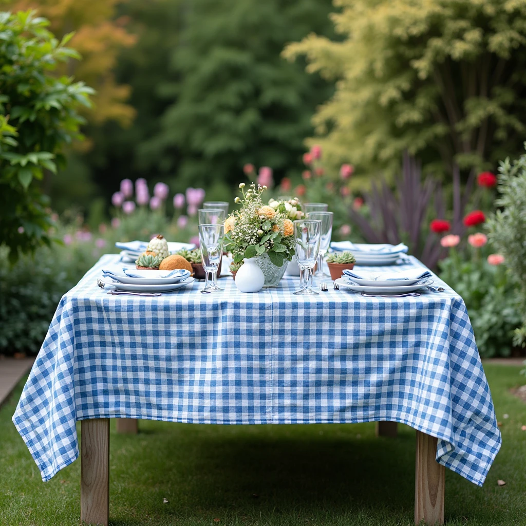 Garden table with blue checkered tablecloth