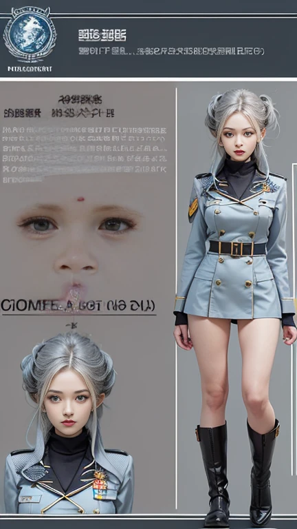 ((masterpiece)),(((Highest quality))),((Reference Sheet, Character Design, front, return, ~ ~ ~ ~ side, Mr....々Hairstyle, Mr....々performance, Facial Expressions)), , Cute type, (Very slim:1.4), (Very small ass:1.4), Realistic buttocks, (Big Breasts:1.3), Short Bob, Thin thighs, Long legs, It's not a big deal,(A female Earth Federation officer is walking), (Wearing Earth Federation military uniform, Light grey and light blue military uniform),(Worn by federal government employees&#39;White Hat:1.5)