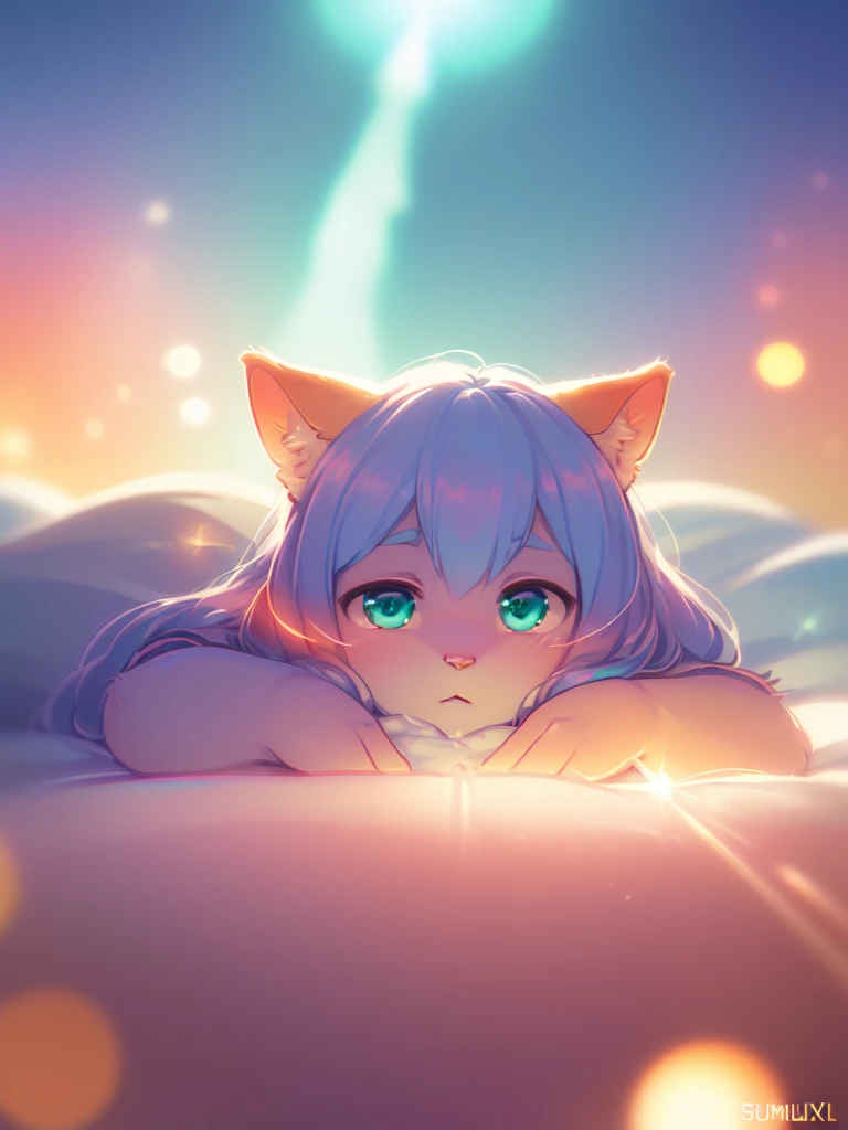 (Sumilux f1.4 24mm , low Latitude old color negative film , cross process , (bokeh), Long exposure , blur , flare, chromatic aberration , soft focus, (Shallow focus) , soft glow , Maximum aperture, high Key , Transparent depiction , Tyndall:1.3) , female cat , Kama Sutra , many cum on vagina , lying back