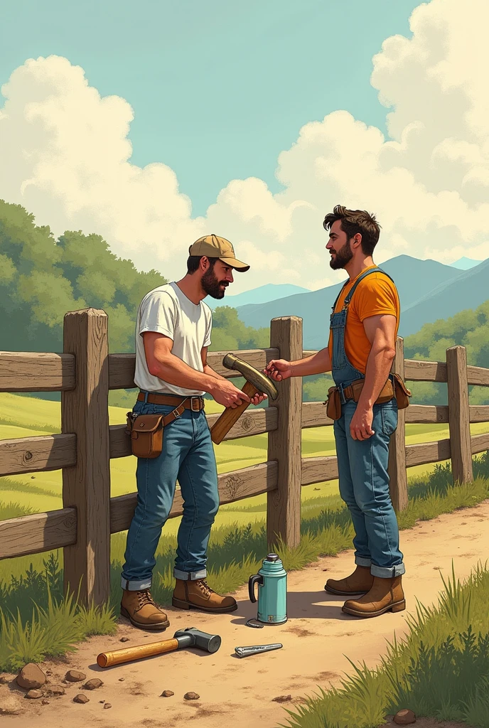 I want you to create a drawing that depicts two people in a rural setting.. The two people building a fence. I also want you to add the workers' work tools and a thermos of water in one place.. Both are dressed casually.