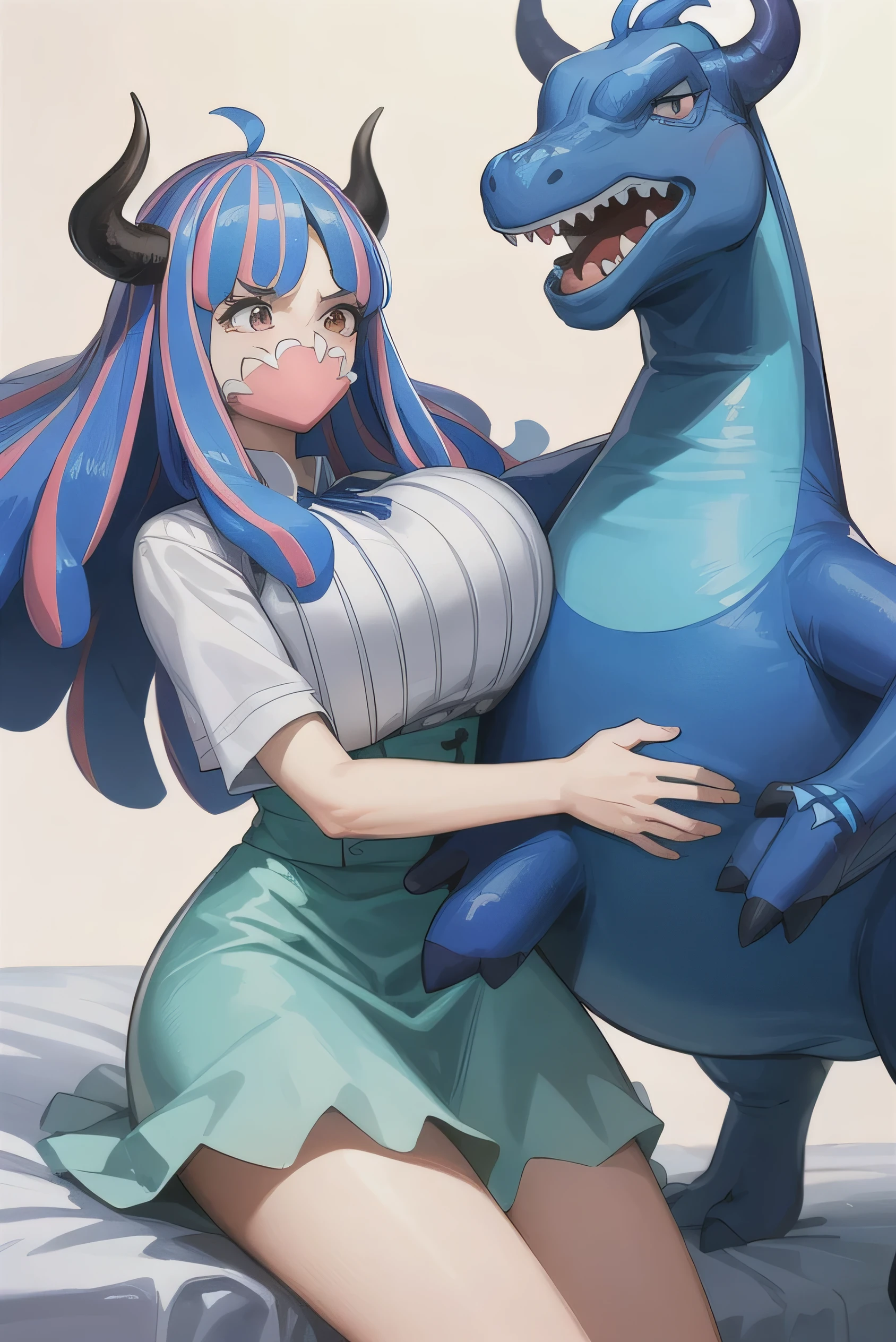 (masterpiece, Highest quality:1.4),Cinematic Light,colorful,High Contrast,(One person),Alti OP,One Piece Anime,((Large Breasts)),Multicolored Hair,Long Hair,Blue Hair,Pink Hair,bangs,horn,Blue Skirt,High Waist Skirt,White shirt,Happy,(hugging a blue stuffed dinosaur:1.1),At the bed,