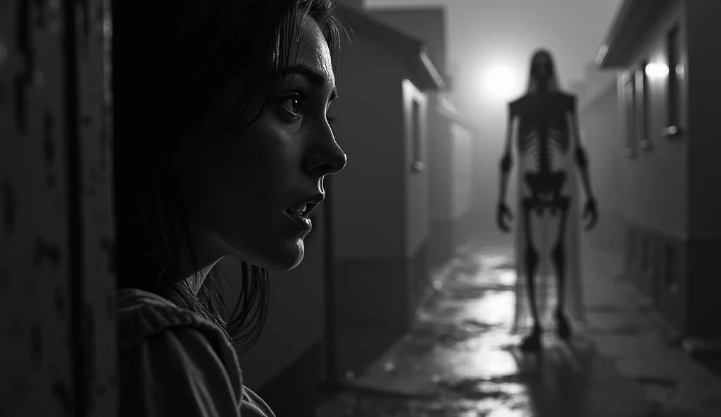 Hyperrealistic image, A very scared woman looking out the window of her house at a ghostly, spectral figure, almost in its bones, walking down the street, black and white image
