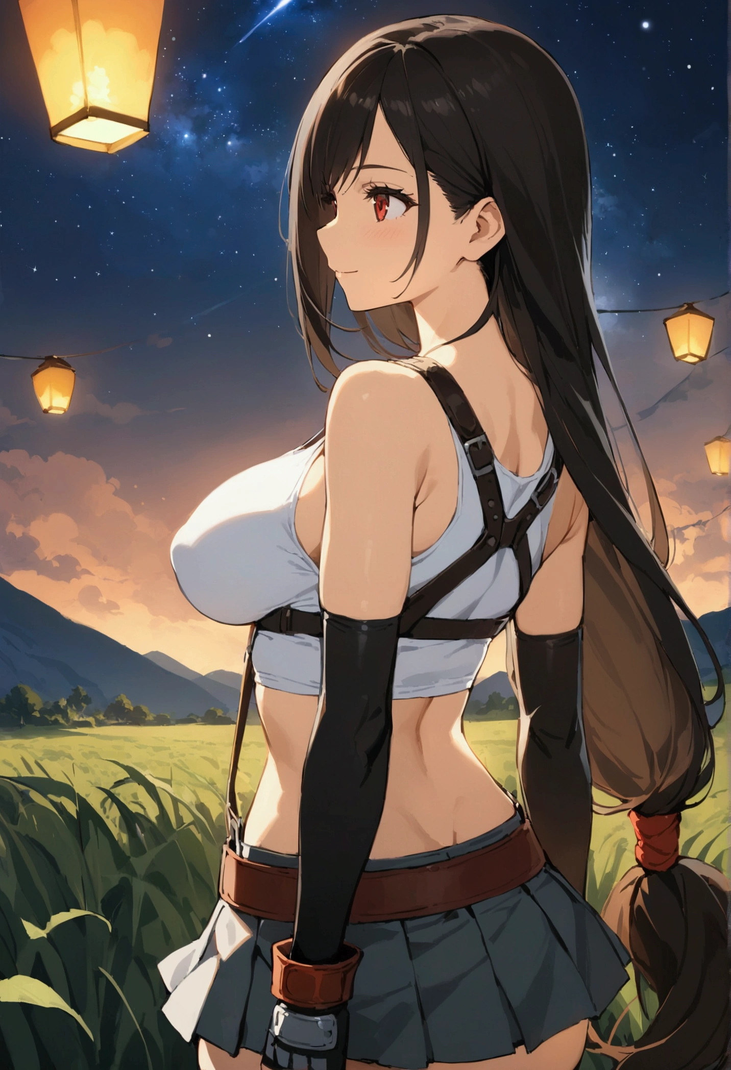 score_9,score_8_up,score_7_up,BREAK source_anime, masterpiece, best quality, (recent), perfect anatomy, very aesthetic,anime style,upperbody,,Solo,1girl, tifa lockhart, final fantasy,black hair, low-tied long hair, red eyes, bangs, (white tank top,gap),(High exposure),the ribs,belt, pleated skirt, thighhighs, elbow fingerless gloves, midriff, navel,suspenders.skirt),beautiful waist ,(large_breast:1.3),(from behind,looking away),standing,arms in sides,light smile,,,outdoor,star sky,night, skin tight, depth of field、beautifully lit,great lighting,posing