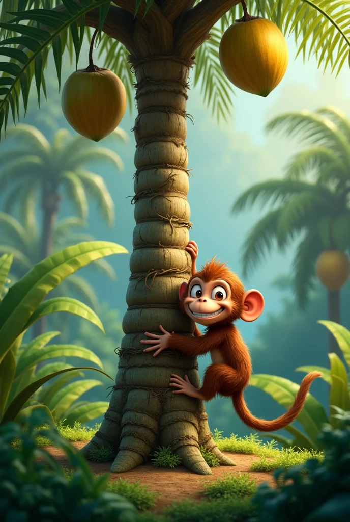 A cute monkey with a determined yet frustrated expression is trying to climb a tall coconut tree in a lush jungle but failing again. The monkey, small and brown, has slipped down the tree, with its arms and legs wrapped around the trunk in a comical pose. The tree is tall, with many coconuts hanging above, just out of the monkey's reach. The jungle is full of greenery, with vibrant plants and other trees in the background. The scene captures the monkey's repeated efforts and the playful struggle, adding a touch of humor to the situation.