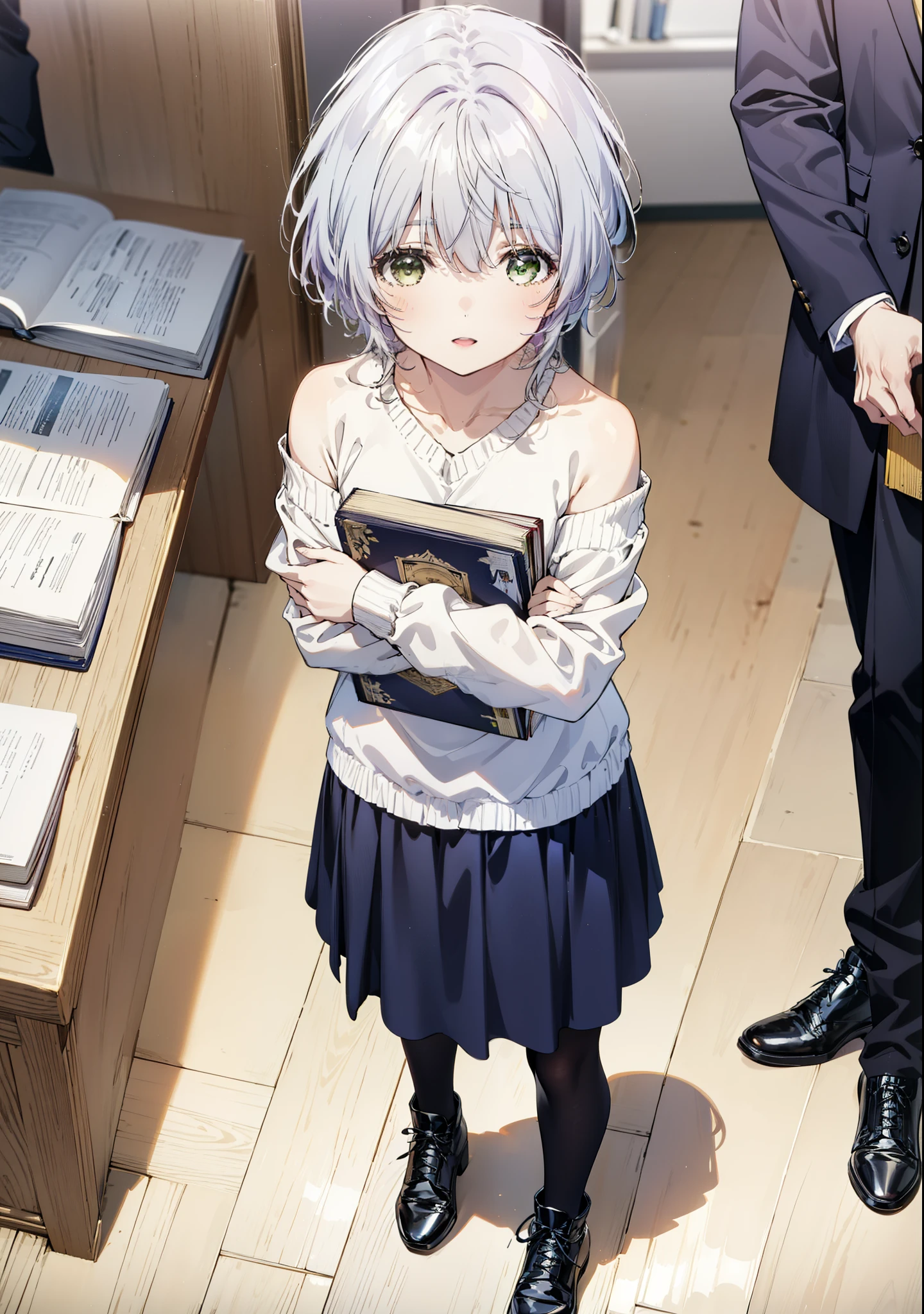 fuukakikuchi, fuuka kikuchi, short hair, bangs, Hair between the eyes, (Green Eyes:1.3),smile,Open your mouth,Grey Hair,One-shoulder sweater,Long skirt,Black pantyhose,short boots,Holding a book in both arms,morning,morning陽,whole bodyがイラストに入るように,
break indoors, figure書館,
break looking at viewer,whole body,
break (masterpiece:1.2), Highest quality, High resolution, unity 8k wallpaper, (figure:0.8), (Beautiful attention to detail:1.6), Highly detailed face, Perfect lighting, Highly detailed CG, (Perfect hands, Perfect Anatomy),