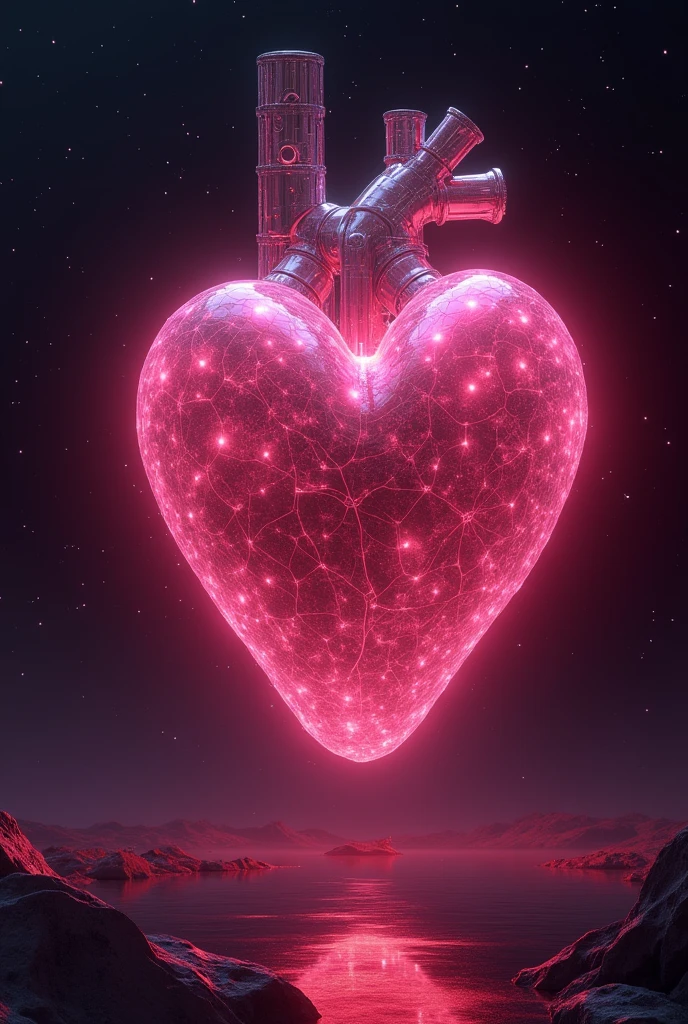 giant futuristic pink heart, black background