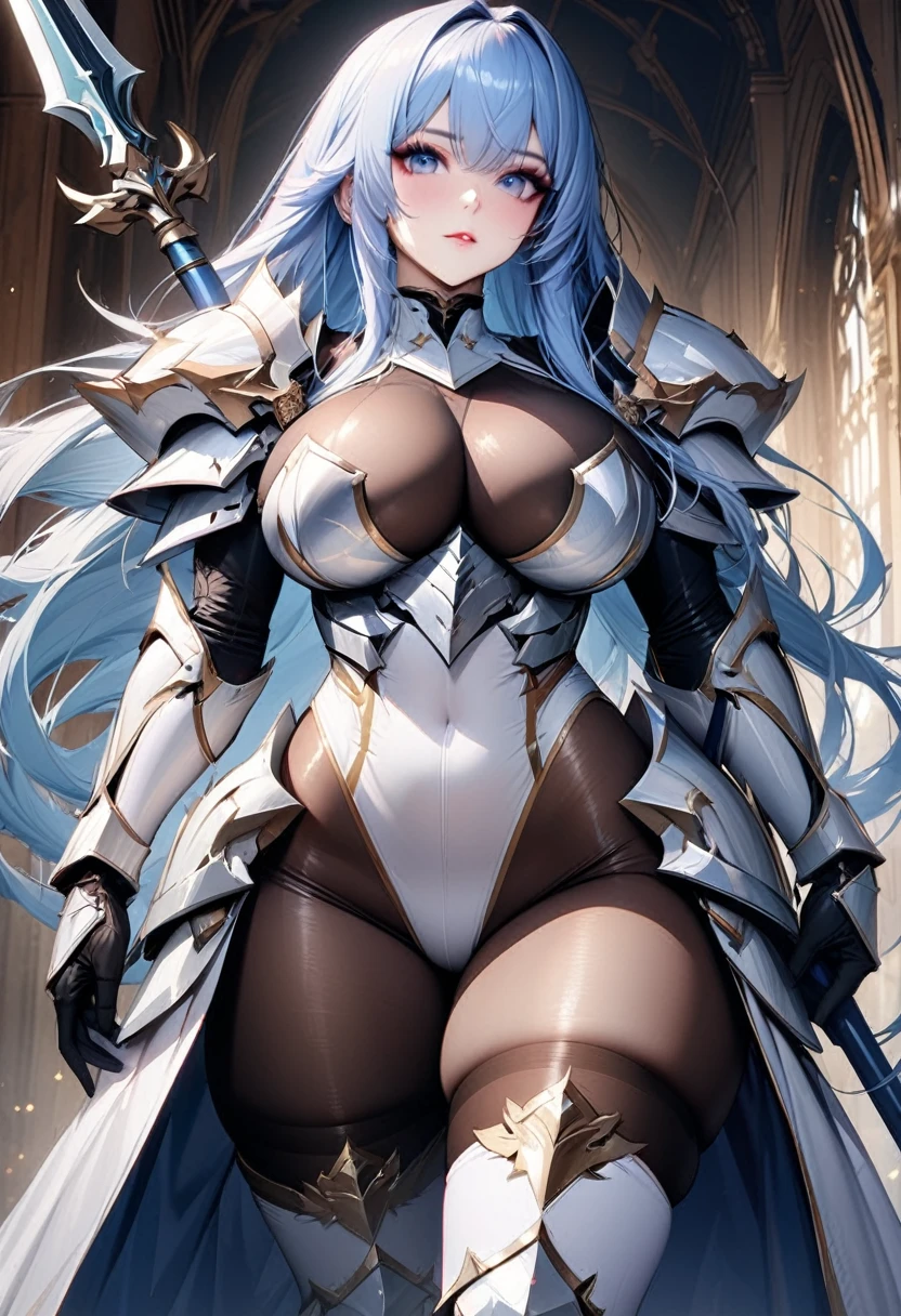 ((highest quality)), ((masterpiece)), ((hyperrealistic)), (solo), 1girl, ((curvy)), ((skindantation: 1.2)), perfect face, ((Azur Lane)), ((armored dress: 1.2)), ((paladin armor)), ((skin-tight high neck white leotard: 1.4)), ((white knight armor breastplate)), ((skin-tight black Investigator Bodystocking)), ((large pauldron)), (long gauntlet gloves), ((light blue hair straight long hair)), ((large breasts that look like they might burst)), (pantyhose thighs), (white knee-high boots), ((see through cleavage cutout)), zettai ryouiki, beautiful blue eyes, Perfect hands, perfect fingers, A magical spear decorated with luxurious goldwork., prepare a spear, makeup,