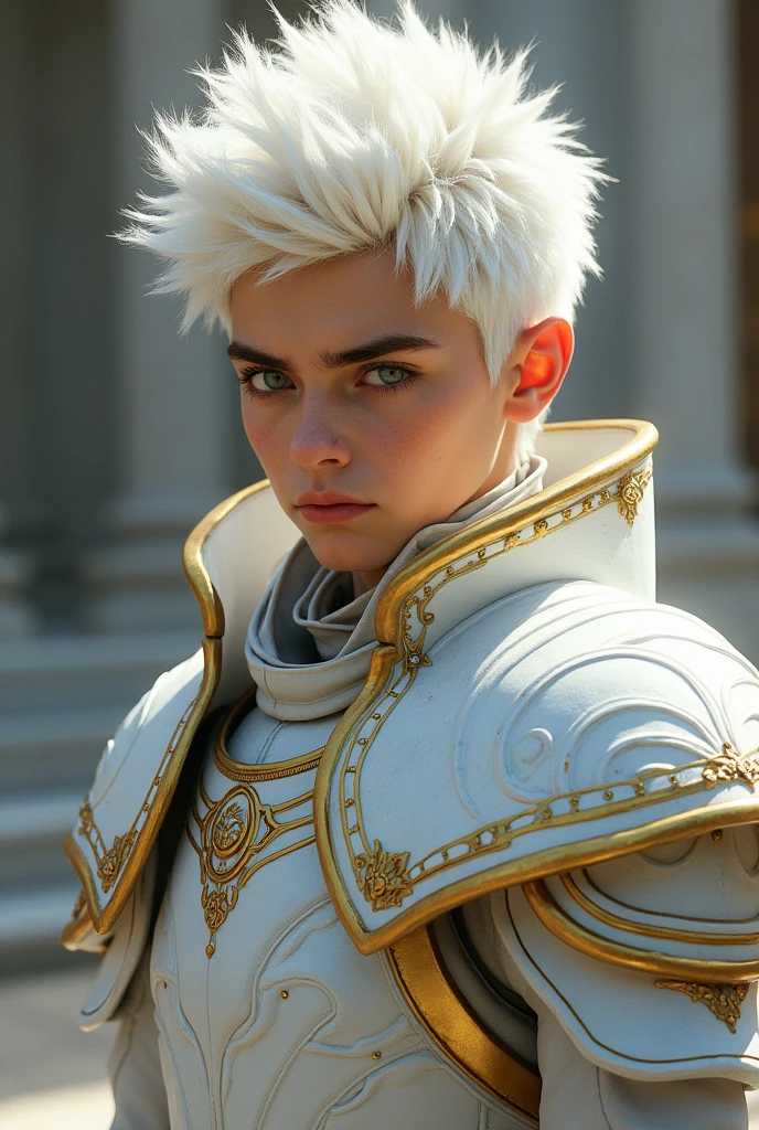 boy with white hair in white and gold armor with pattern