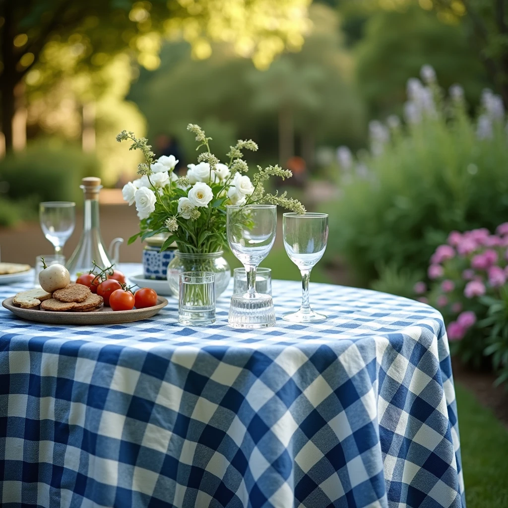 Garden table in foreground with blue checkered tablecloth