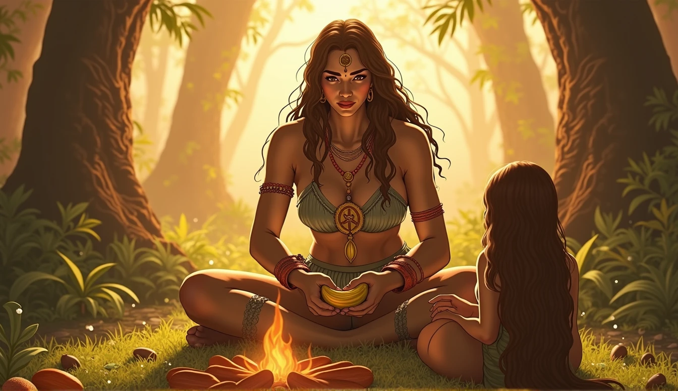 a woman with long light brown hair and another with shoulder length light brown hair, both healers of the Mayan and Aztec peoples in a forest around a campfire doing a cacao ritual, one holding the cocoa fruit and the other a bowl over the fire, in the background a cocoa tree and the cocoa fruit on the ground, convey depth