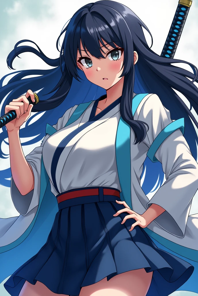 Kimetsu No Yaiba style anime woman with a medium size bust and wide waist.
Big gray eyes and long, straight navy blue hair.
with a uniform of the demon hunting guild, a katana with a blue handle and a white haori with light blue edges.
A defiant look on her face