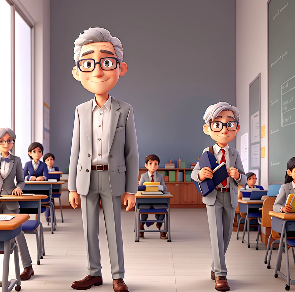 Gray haired teacher, glasses and suit, classroom background