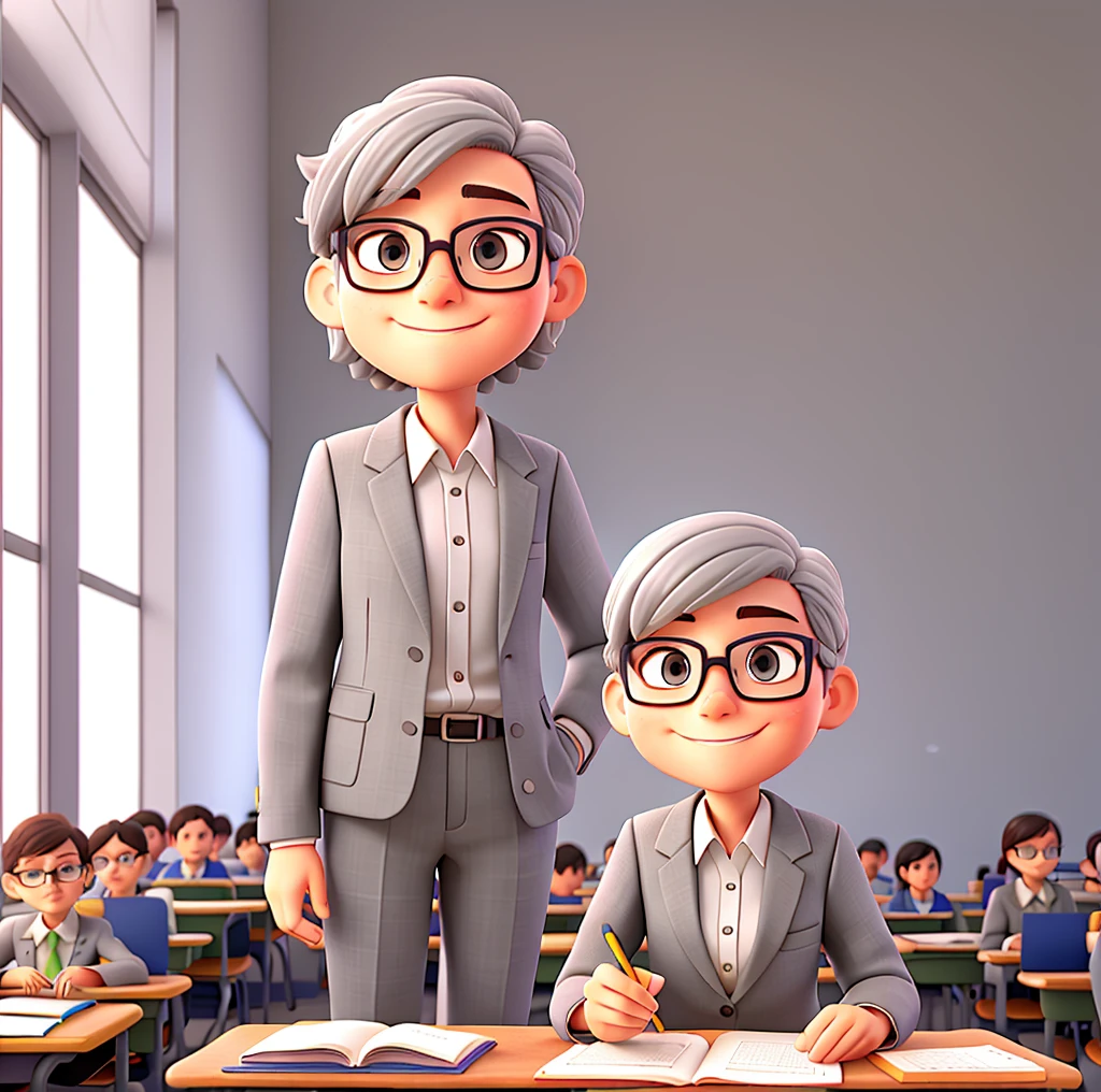 Gray haired teacher, glasses and suit, classroom background