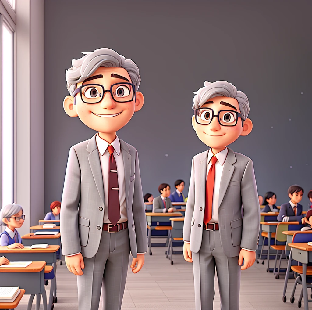 Gray haired teacher, glasses and suit, classroom background