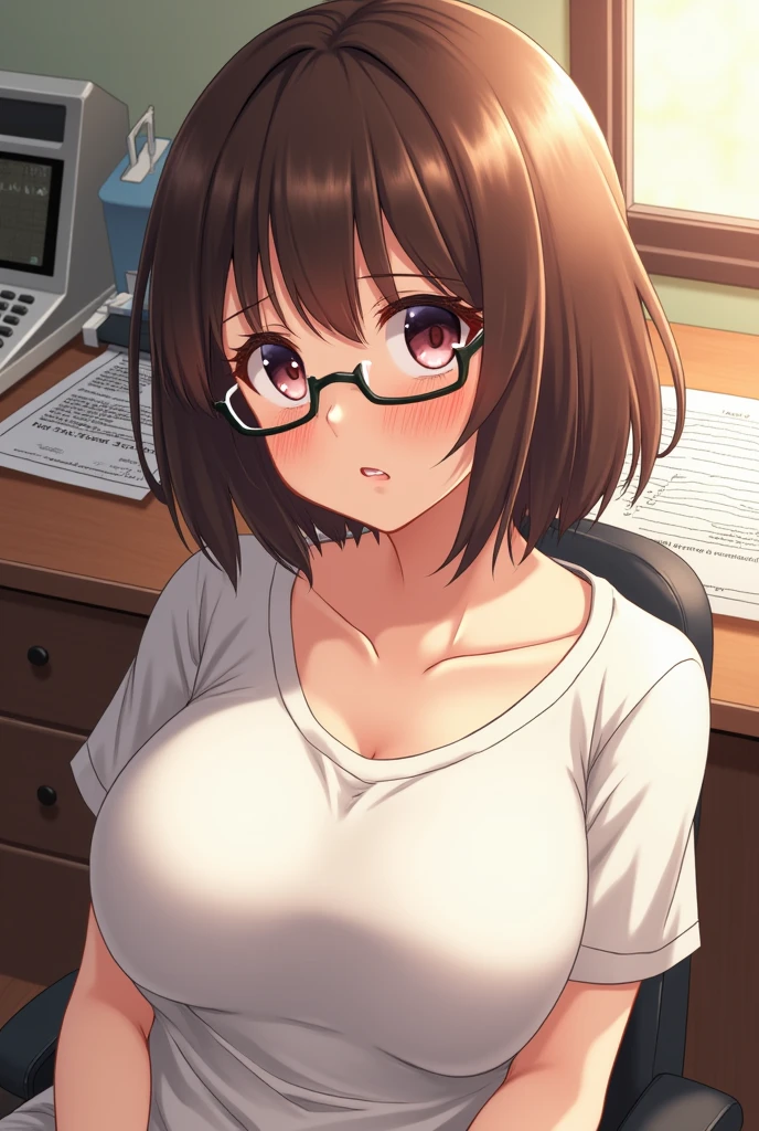 Brown Hair, Soft and fluffy, Short Bob、Shiny Hair、The face is young、Your eyes are shining、She wears glasses and has big breasts.、Her cleavage is visible through the stretched collar of her T-shirt..、Have a calculator and a printout at hand.、Location: There is a study desk in the room、Lazing around at a desk, He puffs out his cheeks and looks a little angry.、Japanese 20 year old、Photographic images
