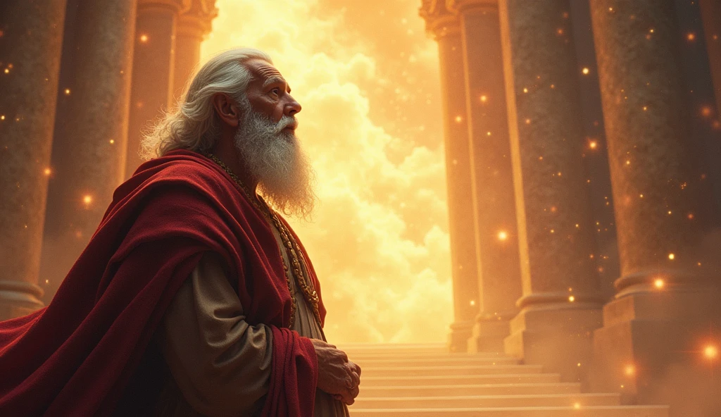 prophet Enoch, Man with white beard, age between 70 years, Enoch was taken to the Throne Room, where he saw the divine majesty in all its splendor, looking at God, and praising God
