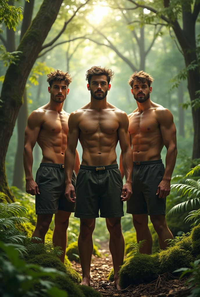 Create the image of three young men in the middle of the forest, muscular and inspiring power.
