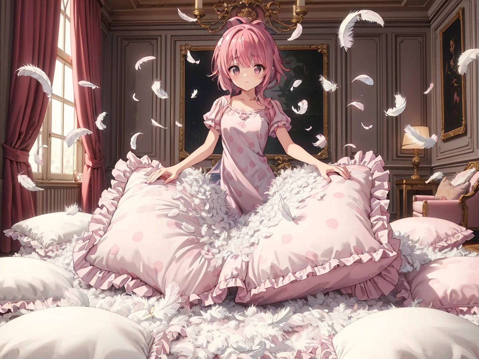 (best quality, masterpiece) , details, (Light and shadow oxtail) , Cute girl posing on pillow ,Pillow, Upholstered,Soft pillow,(Pillow),The love surrounding the protagonist,steam,(Luxury Pillow),(Gorgeous pattern pillow),luxurious pillow, standing,(Love around the protagonist),(pillow), long hair, frilled pillow , ((pink pillow)) , 1 pillow, standing on a top of pillow, on pillow, big pillow, fluffy pillow, pillow damage, stomping pillow, stonping, pillow on floor, stepping on pillow, posing on top pillow, full body, pillow on floor, (((pink hair))), hatsune (princess connect), (((feathers))), pillow destroy, ripping pillow, tearing pillow in half, feathers everywhere, cotton, stuffing pillow