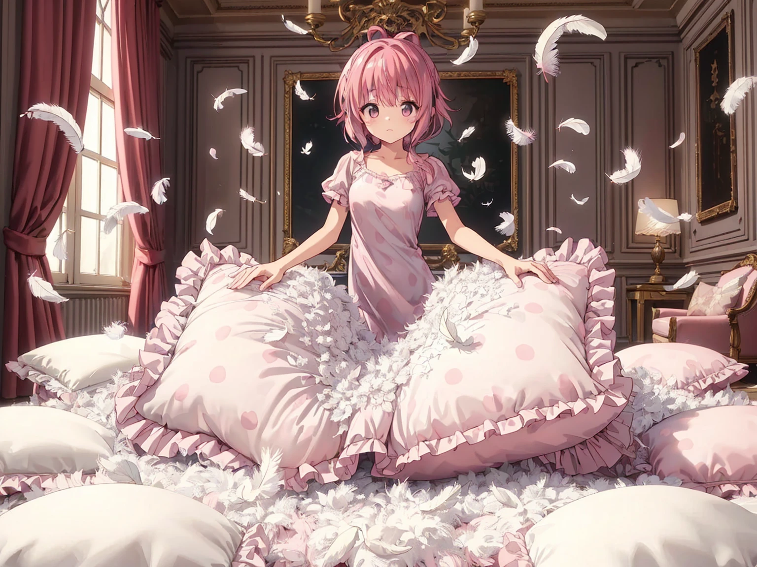 (best quality, masterpiece) , details, (Light and shadow oxtail) , Cute girl posing on pillow ,Pillow, Upholstered,Soft pillow,(Pillow),The love surrounding the protagonist,steam,(Luxury Pillow),(Gorgeous pattern pillow),luxurious pillow, standing,(Love around the protagonist),(pillow), long hair, frilled pillow , ((pink pillow)) , 1 pillow, standing on a top of pillow, on pillow, big pillow, fluffy pillow, pillow damage, stomping pillow, stonping, pillow on floor, stepping on pillow, posing on top pillow, full body, pillow on floor, (((pink hair))), hatsune (princess connect), (((feathers))), pillow destroy, ripping pillow, tearing pillow in half, feathers everywhere, cotton, stuffing pillow