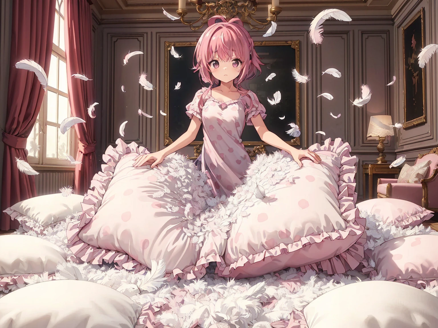 (best quality, masterpiece) , details, (Light and shadow oxtail) , Cute girl posing on pillow ,Pillow, Upholstered,Soft pillow,(Pillow),The love surrounding the protagonist,steam,(Luxury Pillow),(Gorgeous pattern pillow),luxurious pillow, standing,(Love around the protagonist),(pillow), long hair, frilled pillow , ((pink pillow)) , 1 pillow, standing on a top of pillow, on pillow, big pillow, fluffy pillow, pillow damage, stomping pillow, stonping, pillow on floor, stepping on pillow, posing on top pillow, full body, pillow on floor, (((pink hair))), hatsune (princess connect), (((feathers))), pillow destroy, ripping pillow, tearing pillow in half, feathers everywhere, cotton, stuffing pillow