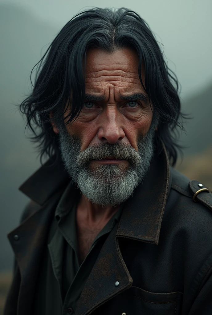 create me a 40 year old man, Patchy Beard, tired look, dark countenance, medium straight black hair