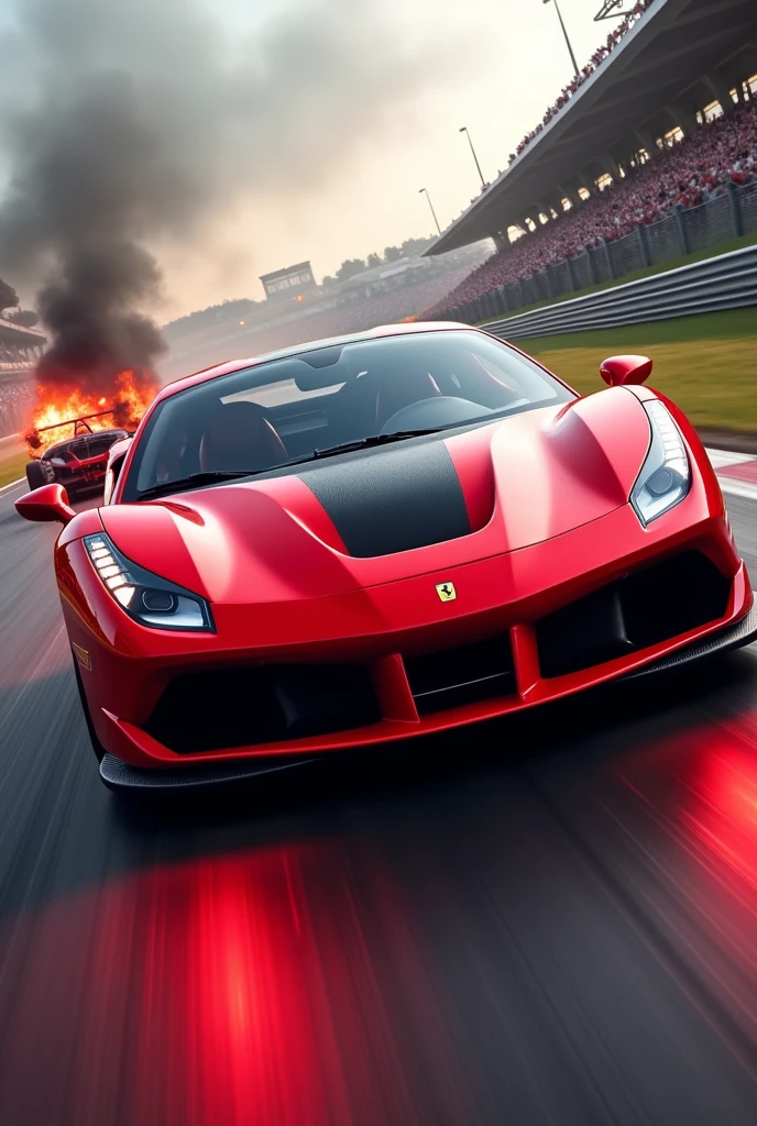 Make me a racing Ferrari with red lights on a race track while a car accident happens in the background of the image