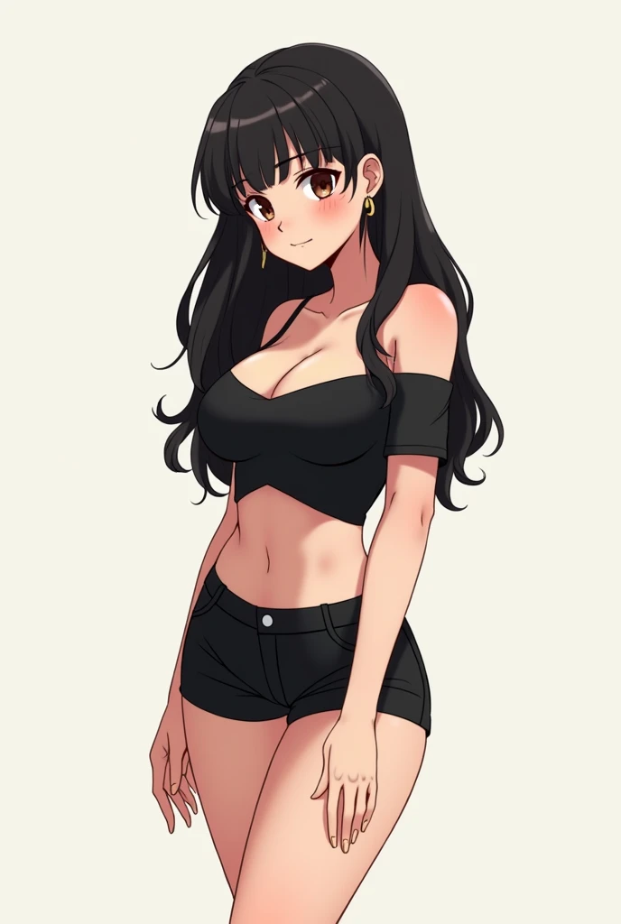 an animated drawing woman with bangs that cover her jaw and also long semi-wavy hair, perfect waist, her height 1.50 and tired eyes and a slight blush and big breasts with black clothes and shorts and black shoes as a profile picture