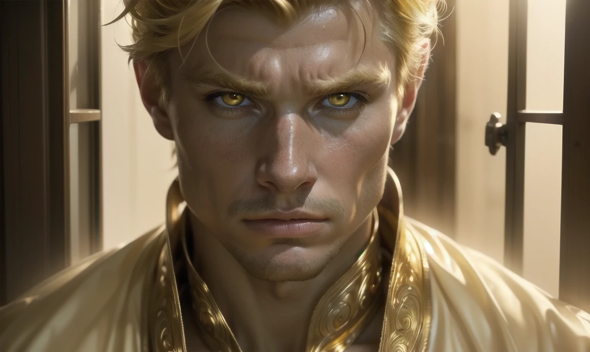 [((highly detailed, detailed eyes, detailed face, clear and realistic facial features, photorealistic, realistic light, cinematic)), (1 man), (((((Gorgeous perfect sexy powerful masculine male angel))))), (((the angel has two grand golden angel wings))), ((((short disheveled blond hair)))), ((((pale yellow eyes)))), ((35 years old)), ((wearing flattering gold and white clothes)), (((aura of divine power))), standing in a cozy apartment at nighttime, ((light blush)), (((((wearing a clearly indignant expression)))))]