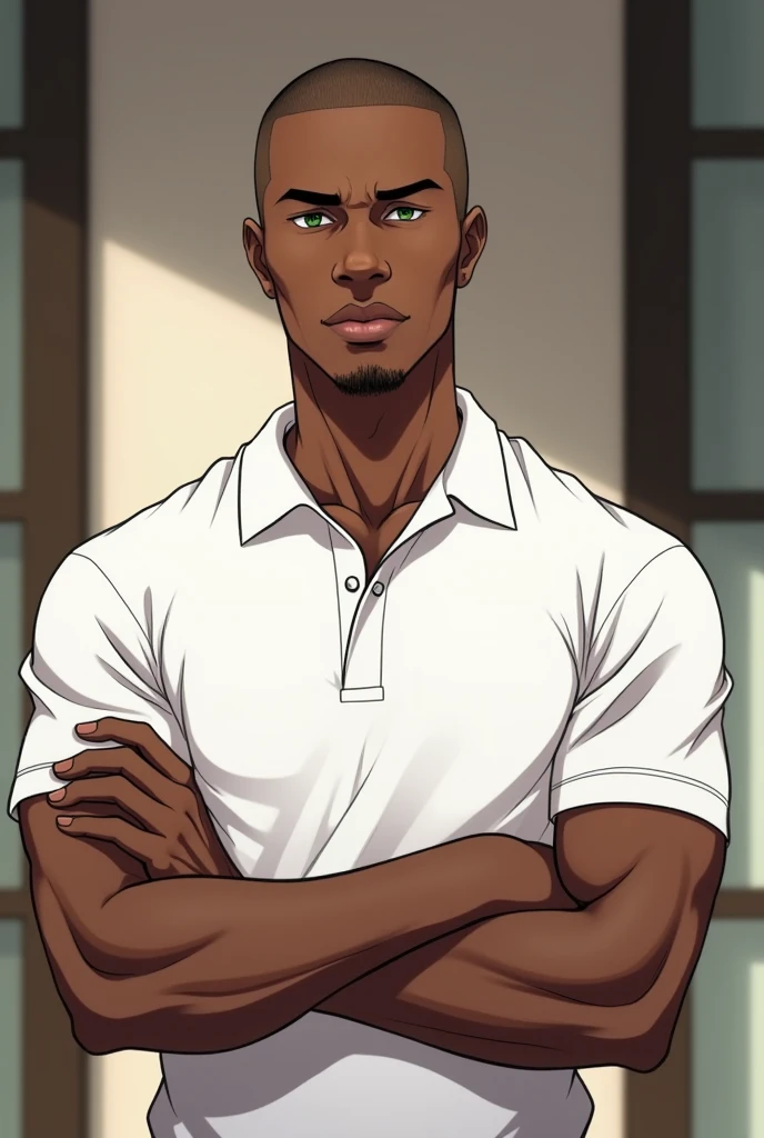 black male, sleeve-style, age 25, charismatic but serious look, little smile, very muscular, greeneyes, baldie, crossed arms, white polo shirt, image from the waist up, clean background like the entrance of an apartment, sleeve-style anime, more cheek and less smile