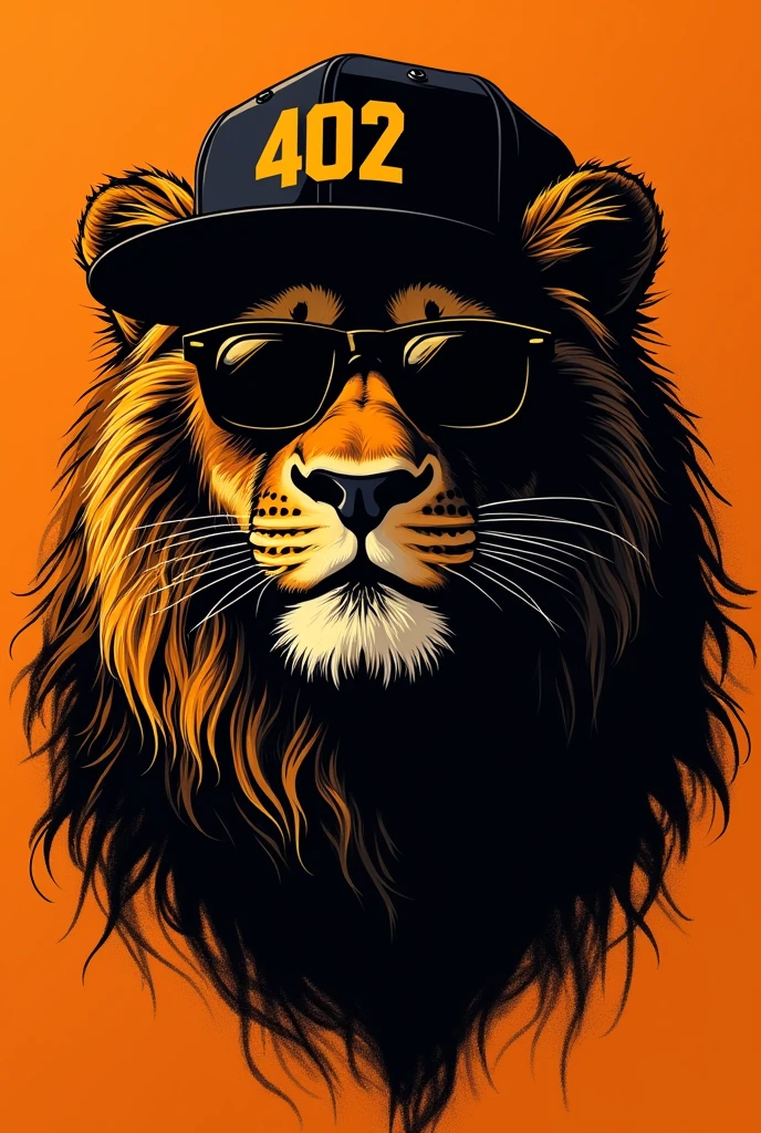 Silhouette of only the front face of a smiling lion illustrated with urban flow with completely dark square glasses and a backwards cap that transmits appetite with orange and black colors and on the cap put 402 showing only the silhouette of the face