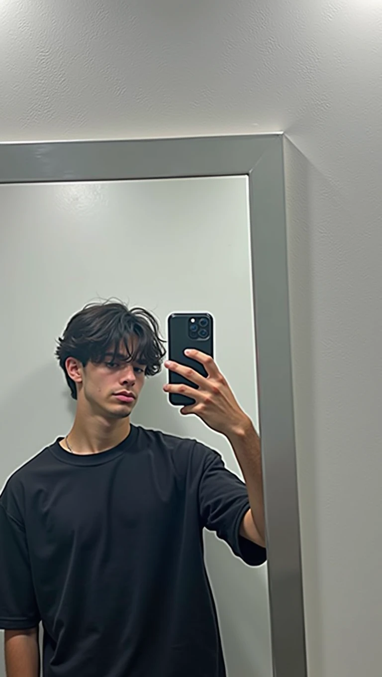 Hiper realistic and natural picture, 18 years boy taking a selfie in the mirror, Looking at the cell phone he is taking the picture on, wearing Black oversized shirt, Baggy jeans, Aesthetic clothing, oversized clothing, pretty boy, cute boy, beautful, short black weavy hair, dark look, modest outfits, short hair, natural hiper real, light brown skin, short weavy hair, perfect face, perfect hands