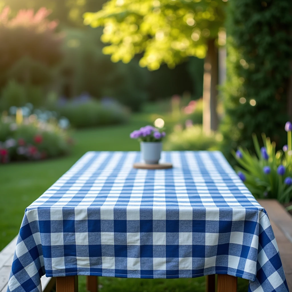 Garden table in foreground with blue checkered tablecloth