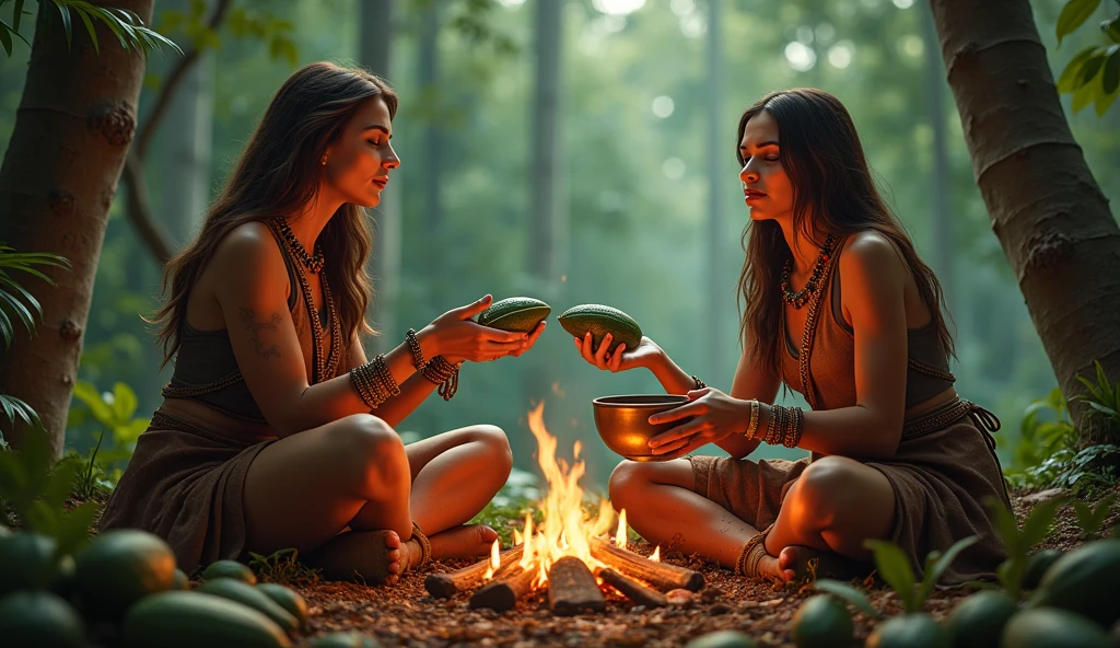 a woman with long light brown hair and another with shoulder length light brown hair, both Aztec healers with the same importance in the ritual, in a forest around a campfire doing a cocoa ritual, one holding the cocoa fruit and the other a bowl over the fire, in the background a cocoa tree and the cocoa fruit on the ground, convey depth