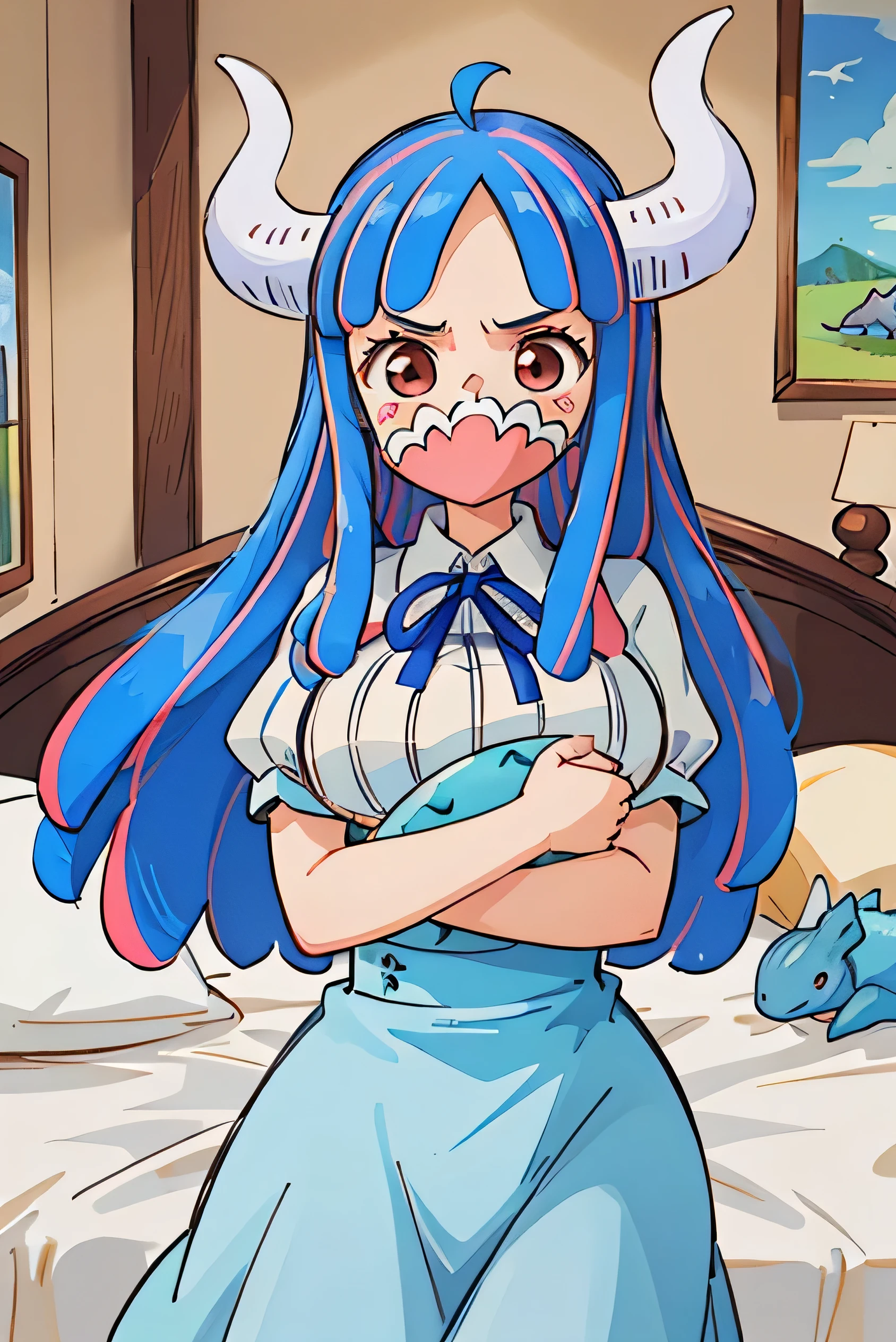 (masterpiece, Highest quality:1.4),Cinematic Light,colorful,High Contrast,(One person),Alti OP,One Piece Anime,((Large Breasts)),Multicolored Hair,Long Hair,Blue Hair,Pink Hair,bangs,horn,Blue Skirt,High Waist Skirt,White shirt,Happy,(hugging a blue stuffed dinosaur:1.1),At the bed,