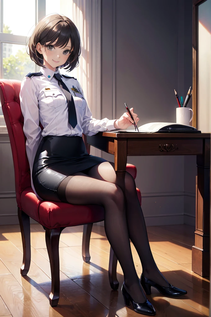 (masterpiece), 4K,woman,I have a pen,policewoman,Police,Small breasts,Small Ass,Bobcut,Light bulb lighting,Realistic, skinny, Amis Stockings,smile,Sit in a luxurious chair,((Knee-length pencil skirt)),