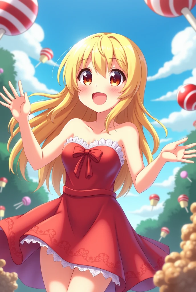 anime girl, blonde, strapless red dress, sleeveless, looking at sweets and candies, fantasy world, cheerful, arms raised up, exposed underarm.