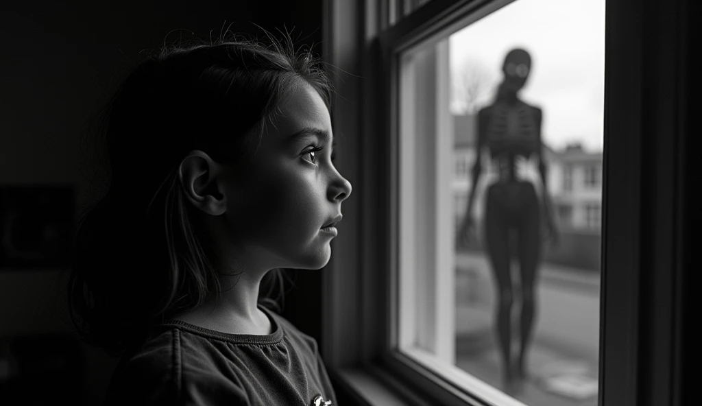  A very scared girl looking out the window of her house at a ghostly female figure almost in her bones walking down the street, black and white image